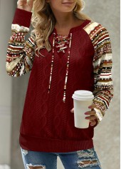 Wine Red Patchwork Tribal Print Long Sleeve Split Neck Sweatshirt | thumb picture 