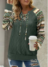 Green Patchwork Tribal Print Long Sleeve Split Neck Sweatshirt | thumb picture 