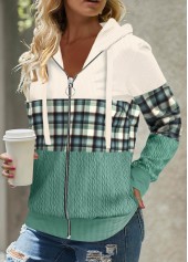 Plus Size Green Patchwork Plaid Long Sleeve Hoodie