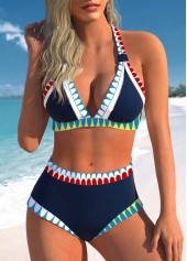 Patchwork Mid Waisted Tribal Print Navy Bikini Set