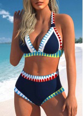 Patchwork Mid Waisted Tribal Print Navy Bikini Set | thumb picture 