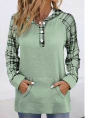 Sage Green Pocket Plaid Long Sleeve Hoodie