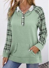 Sage Green Pocket Plaid Long Sleeve Hoodie | thumb picture 
