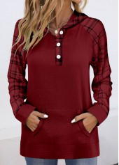 Wine Red Pocket Plaid Long Sleeve Hoodie