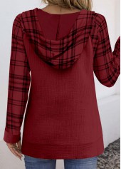 Wine Red Pocket Plaid Long Sleeve Hoodie | thumb picture 