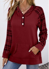 Wine Red Pocket Plaid Long Sleeve Hoodie | thumb picture 