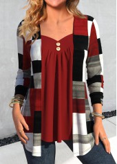 Wine Red Geometric Print Fake Two Piece Twinset