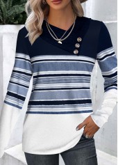 Navy Patchwork Striped Long Sleeve Asymmetrical Neck T Shirt
