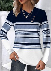 Navy Patchwork Striped Long Sleeve Asymmetrical Neck T Shirt | thumb picture 
