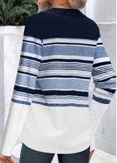Navy Patchwork Striped Long Sleeve Asymmetrical Neck T Shirt | thumb picture 