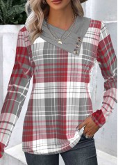 Wine Red Patchwork Plaid Long Sleeve Asymmetrical Neck Sweatshirt