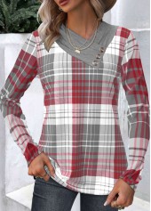Wine Red Patchwork Plaid Long Sleeve Asymmetrical Neck Sweatshirt | thumb picture 