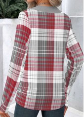 Wine Red Patchwork Plaid Long Sleeve Asymmetrical Neck Sweatshirt | thumb picture 