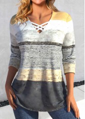 Grey Criss Cross Striped Long Sleeve T Shirt