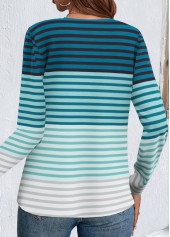 Green Patchwork Striped Long Sleeve Split Neck T Shirt | thumb picture 