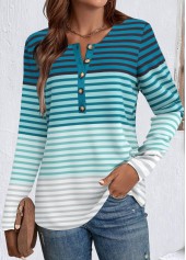 Green Patchwork Striped Long Sleeve Split Neck T Shirt