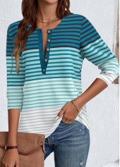 Green Patchwork Striped Long Sleeve Split Neck T Shirt | thumb picture 