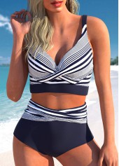 Surplice High Waisted Striped Navy Bikini Set