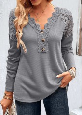Grey Patchwork Long Sleeve V Neck T Shirt