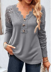 Grey Patchwork Long Sleeve V Neck T Shirt | thumb picture 