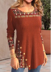 Brick Red Patchwork Tribal Print Long Sleeve T Shirt | thumb picture 
