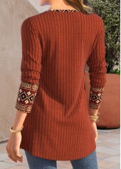 Brick Red Patchwork Tribal Print Long Sleeve T Shirt | thumb picture 