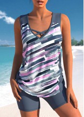 Drawstring Mid Waisted Graffiti Print Dark Grey Tankini Set