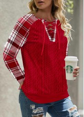 Red Lace Up Plaid Long Sleeve Split Neck Sweatshirt | thumb picture 