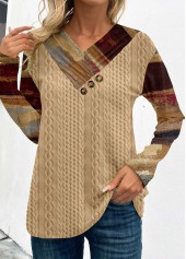 Light Camel Patchwork Graffiti Print Long Sleeve Sweatshirt