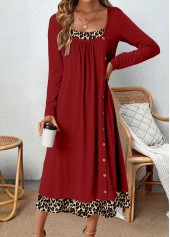 Wine Red Button Leopard A Line Dress | thumb picture 