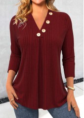 Wine Red Button Long Sleeve V Neck T Shirt