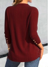 Wine Red Button Long Sleeve V Neck T Shirt | thumb picture 
