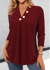 Wine Red Button Long Sleeve V Neck T Shirt | thumb picture 