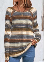 Multi Color Button Striped Long Sleeve Round Neck Sweatshirt