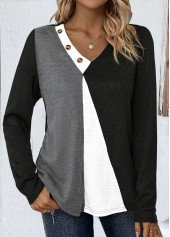 Black Patchwork Long Sleeve V Neck T Shirt