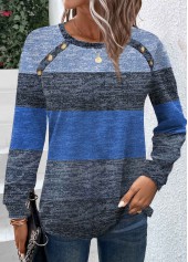 Blue Button Striped Long Sleeve Round Neck T Shirt | thumb picture 
