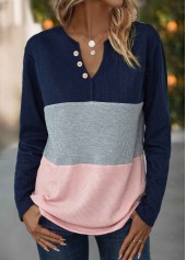 Navy Button Long Sleeve Split Neck T Shirt