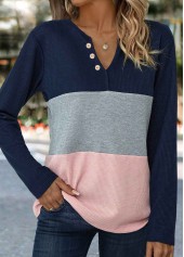 Navy Button Long Sleeve Split Neck T Shirt | thumb picture 