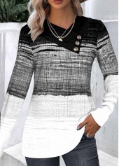 Black Button Ombre Long Sleeve Asymmetrical Neck Sweatshirt