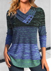 Cyan Button Striped Long Sleeve V Neck T Shirt