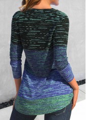 Cyan Button Striped Long Sleeve V Neck T Shirt | thumb picture 