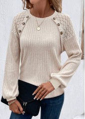 Beige Button Long Sleeve Round Neck T Shirt