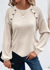 Beige Button Long Sleeve Round Neck T Shirt | thumb picture 