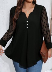 Black Mesh Plus Size Long Sleeve Split Neck Blouse
