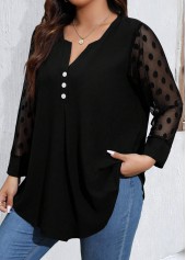 Black Mesh Plus Size Long Sleeve Split Neck Blouse | thumb picture 