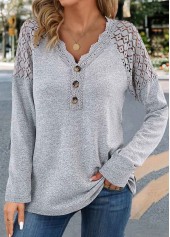 Grey Lace Long Sleeve V Neck T Shirt