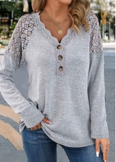 Grey Lace Long Sleeve V Neck T Shirt