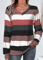 Multi Color Patchwork Striped Long Sleeve V Neck Sweatshirt | thumb picture 