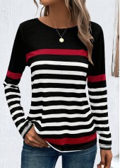 Black Patchwork Striped Long Sleeve Round Neck T Shirt