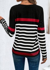 Black Patchwork Striped Long Sleeve Round Neck T Shirt | thumb picture 
